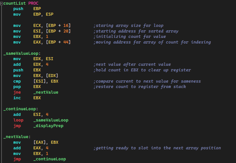 Assembly Project Count, a captured segment of code for a counting algorithm in assembly language.