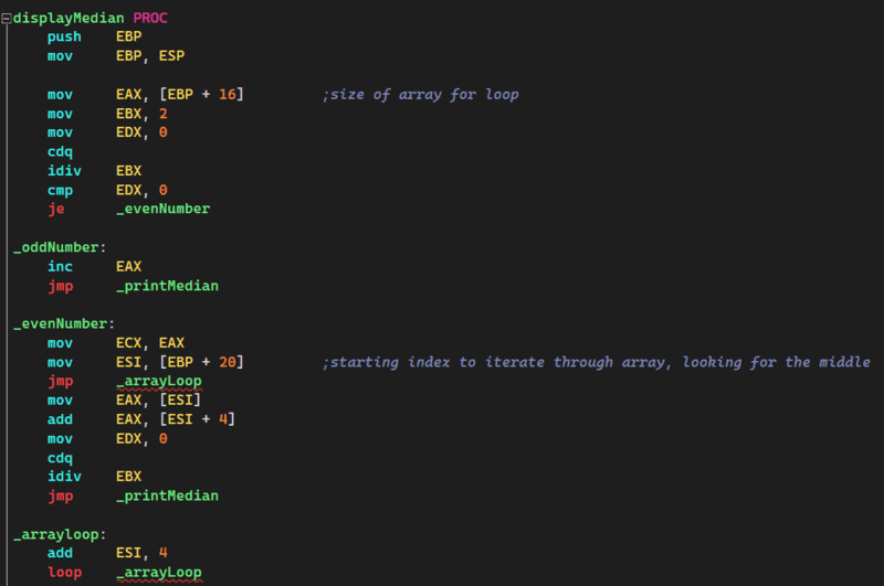 Assembly Project Median, a captured segment of code that calculates the median of a range of numbers in assembly language.