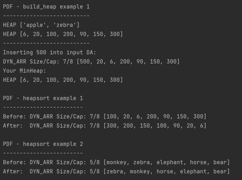 Heapsort Results, an image of the results from the previous implementation of the heapsort algorithm.