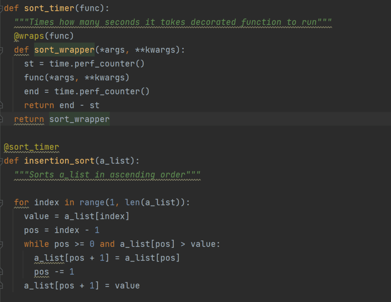 Insertion Sort Timer, a captured segment of code including an insertion sort algorithm and a timer wrap in Python language.