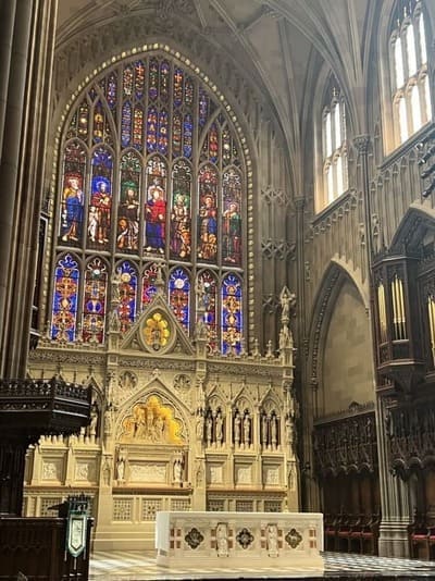 Trinity Church, the interior of the Trinity Church showcasing the stained glass windows.