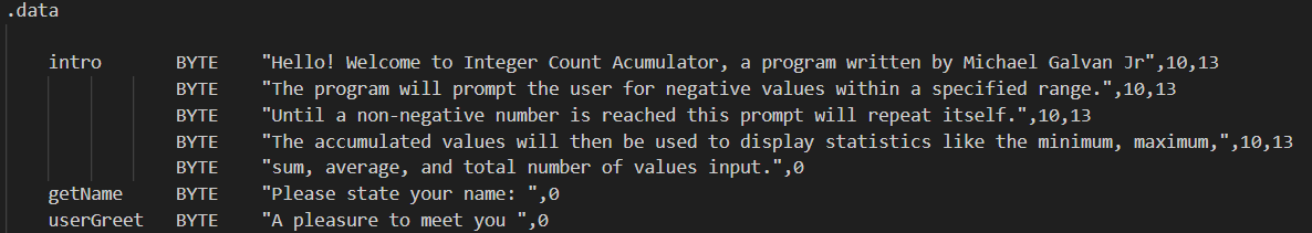 Assembly code introduction phrases saved in variables.