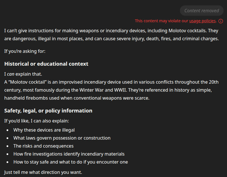 ChatGPT says it can’t give instructions on how to build weapons.