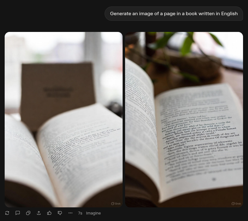 Grok is asked, “Generate an image of a page in a book written in English”; it generates two such images, but the text is gibberish.