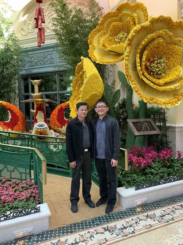 A picture of me and my dad at a hotel in Las Vegas.