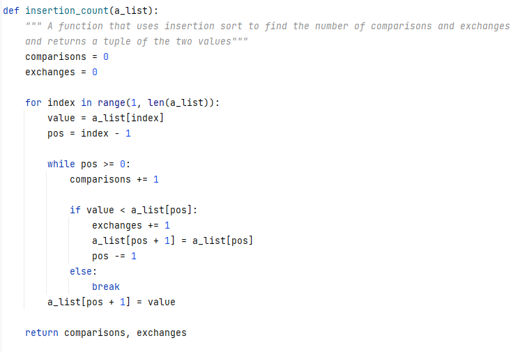 This image shows coding in python for insertion count or insertion sort.