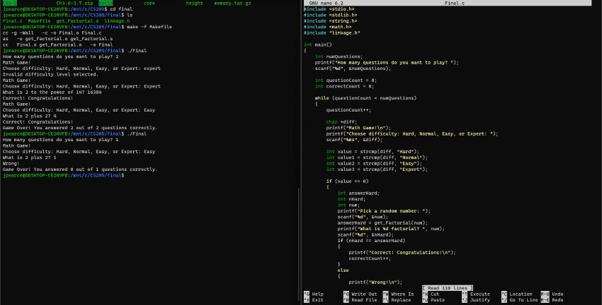 This is the final project for my computer systems and architecture class where I created a small math game with a choosable diffuculty and number of questions that would at the end score your answers.