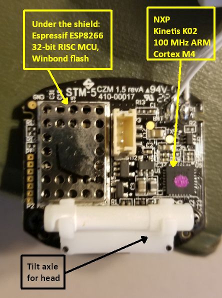 The head PCB holds the NXP Kenetis forming Cozmos brain, the Espressif Wi-Fi chip, and a Winbond flash. Wheres the Wi-Fi antenna? Beats us.