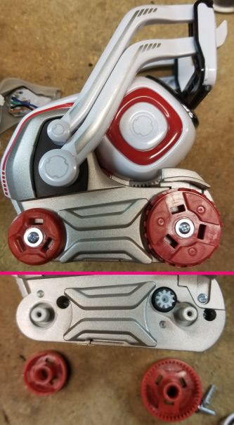 Cozmo, trackless (top). Removing the wheels reveals the drive gear which engages the inner diameter of the large front wheel (bottom).