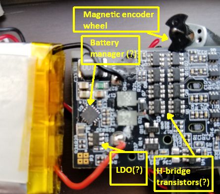 A view of a magnetic encoder wheel and our best guess about ambiguously marked chips on the main PCB.battery charging.