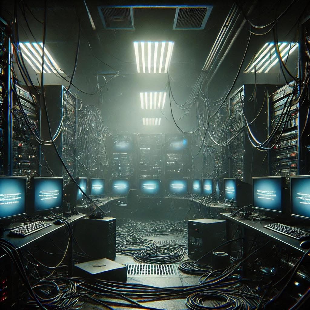 Atmospheric illustration of computers, server racks, and illuminated workstations