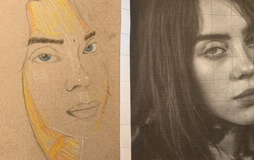 Work in progress colored pencil drawing of Billie Eilish