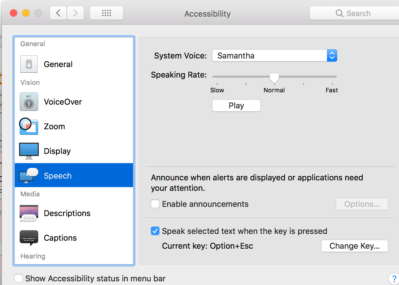 Change the system settings accessibility speech preferences to Samantha.